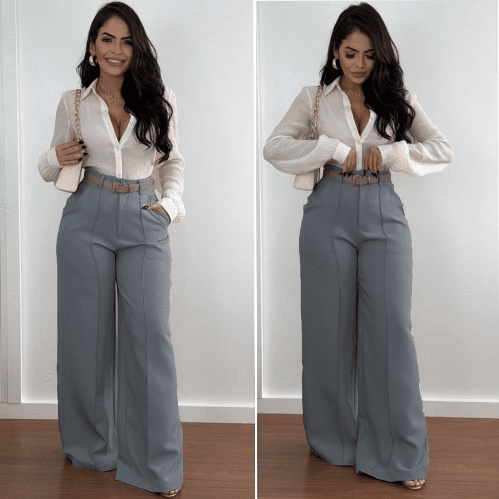 Calça Pantalona Feminina Alfaiataria com Bolso Fechamento Zíper na Frente